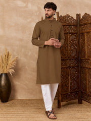 Oat (Khaki) Cotton Kurta and White Pajama Set for Men