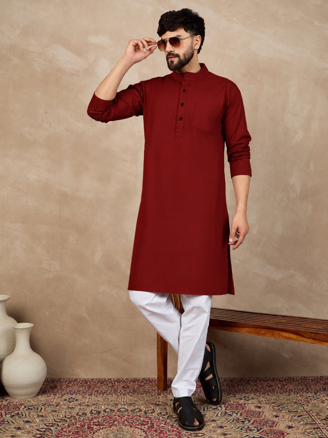 Maroon Cotton Kurta and White Pajama Set for Men