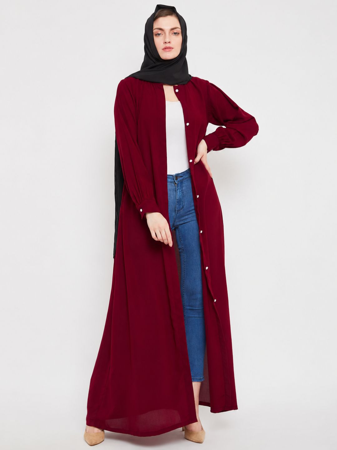 Front Open Maroon Abaya Burqa With Black Hijab
