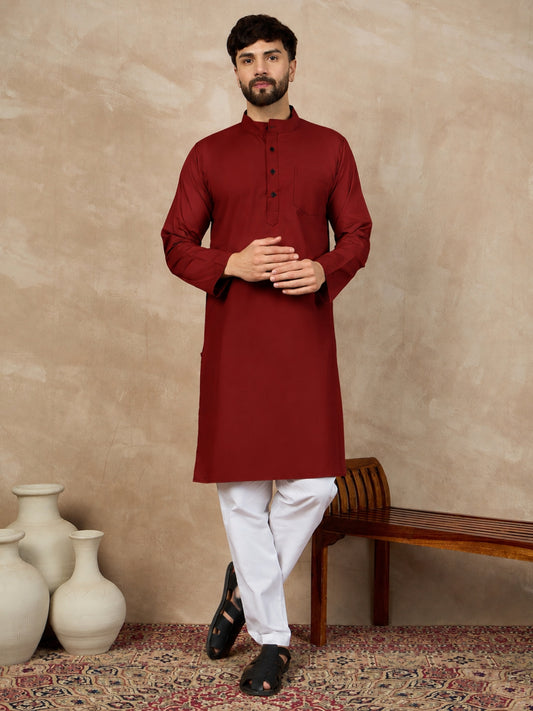 Maroon Cotton Kurta and White Pajama Set for Men