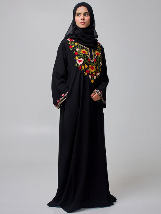 Women's Embroidered Modest Black Abaya Burqa with Black Hijab