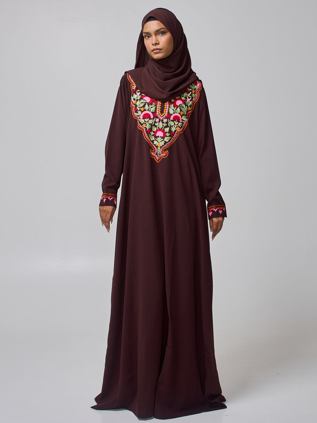 Women's Embroidered Modest Brown Abaya Burqa with Matching Hijab