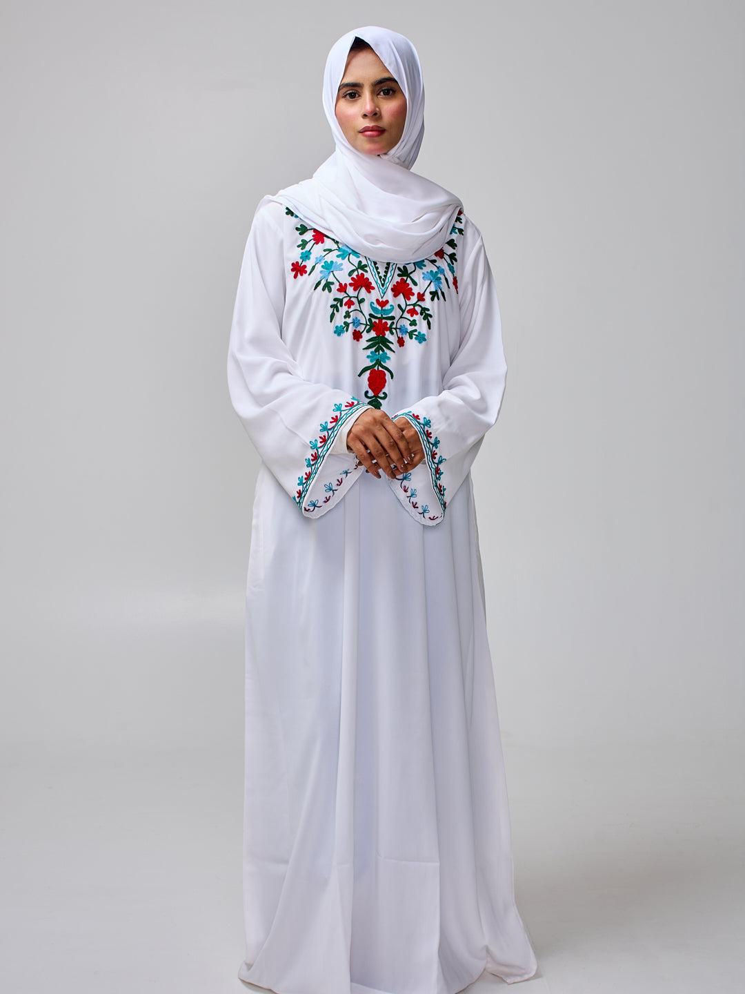 Women's Embroidered Modest White Abaya Burqa with Matching Hijab
