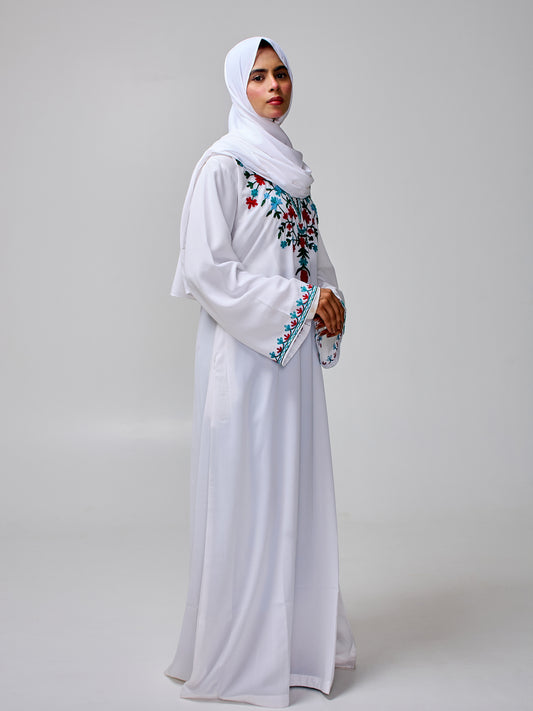 Women's Embroidered Modest White Abaya Burqa with Matching Hijab