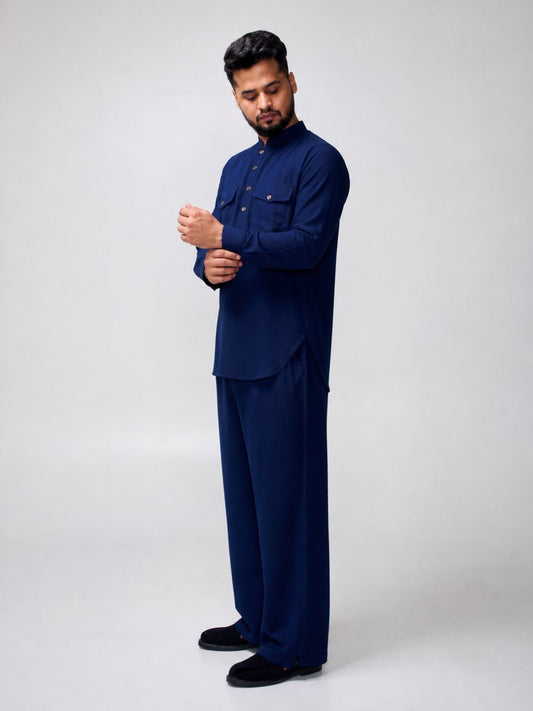 Navy Blue Solid Farsi Kurta Pants Set for Men
