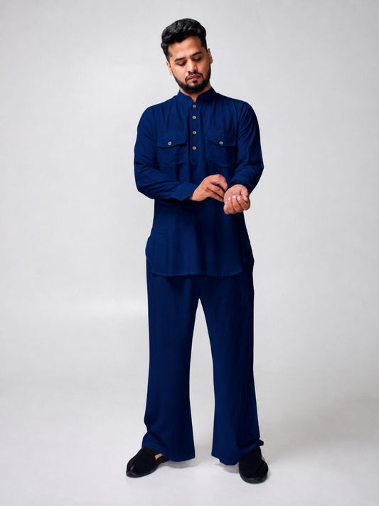 Navy Blue Solid Farsi Kurta Pants Set for Men