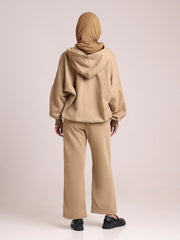 Beige Hooded Fleece Co-Ord – Modest Winter Wear Set for Women