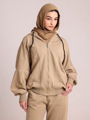 Beige Hooded Fleece Co-Ord – Modest Winter Wear Set for Women