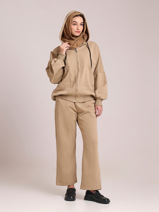 Beige Hooded Fleece Co-Ord – Modest Winter Wear Set for Women