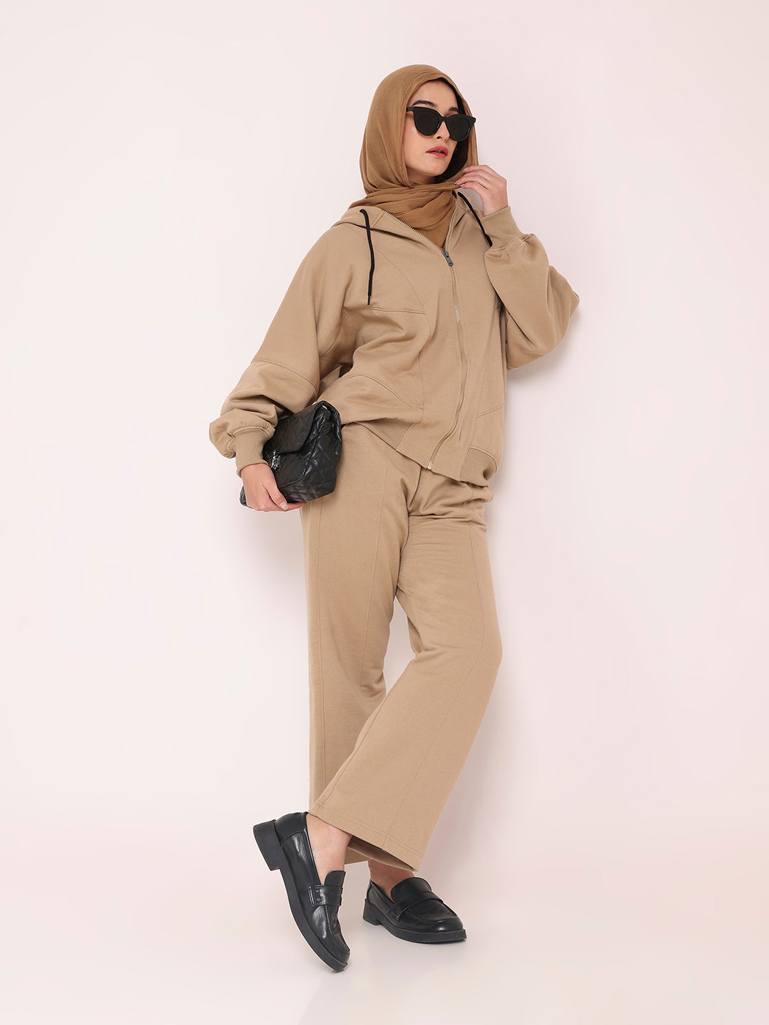 Beige Hooded Fleece Co-Ord – Modest Winter Wear Set for Women