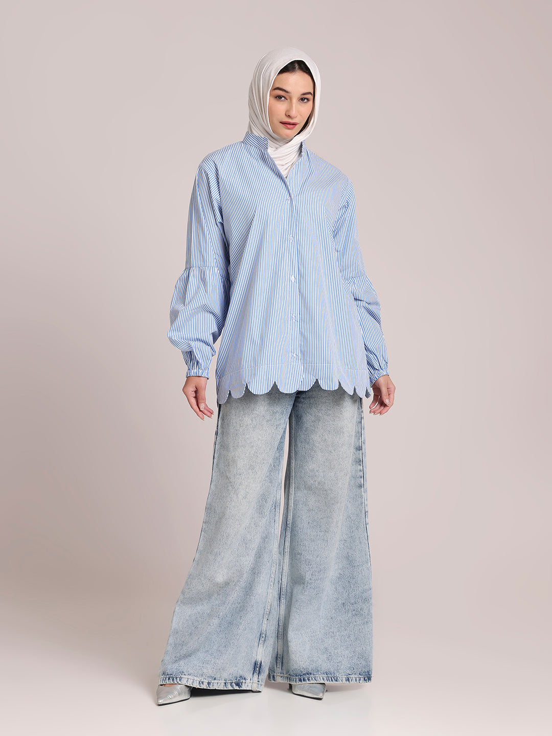 Blue Striped Front-Open Shirt /Top for Women– Modest Wear