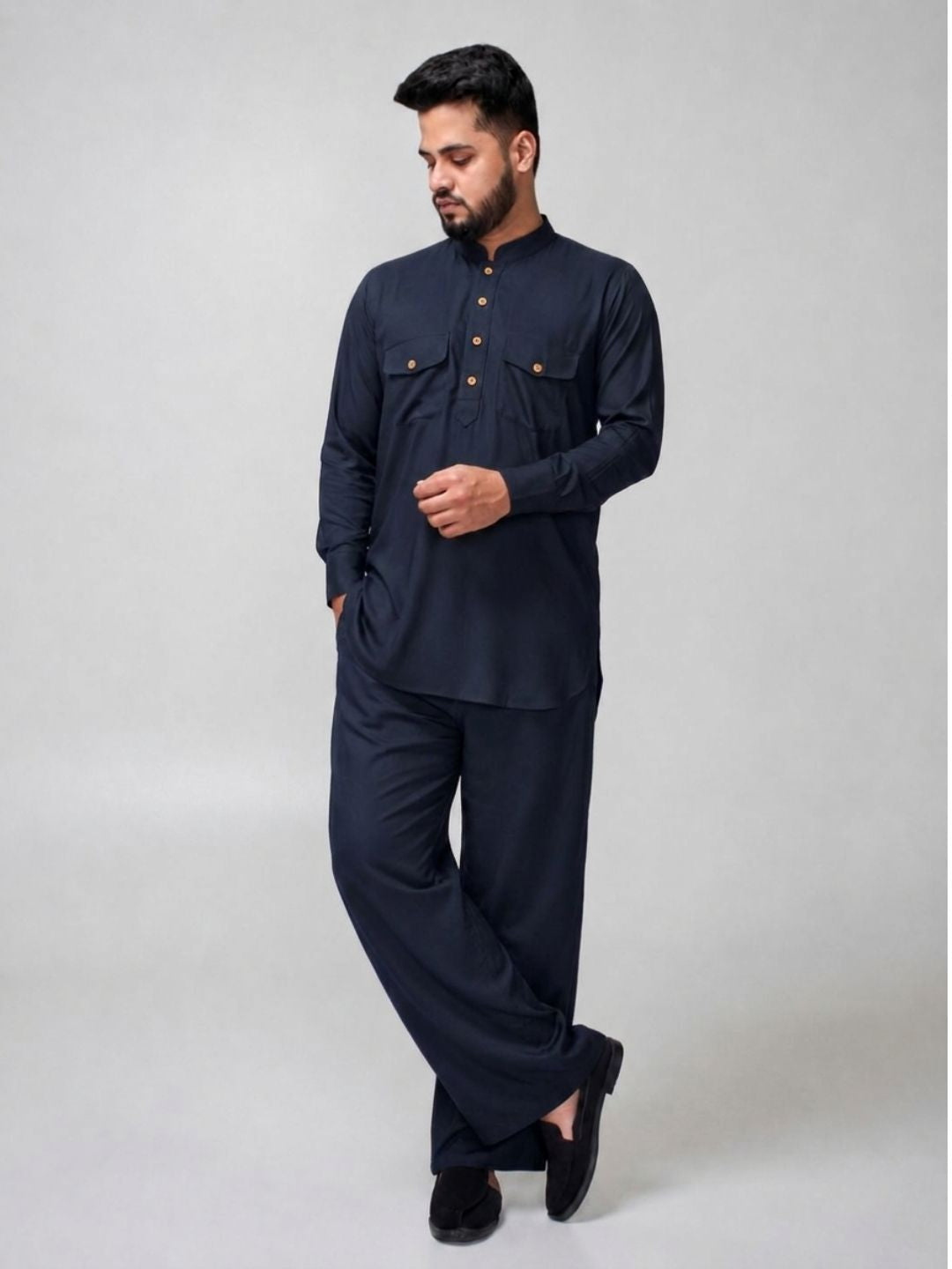 Navy Blue Solid Farsi Kurta Pants Set for Men