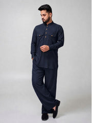Navy Blue Solid Farsi Kurta Pants Set for Men