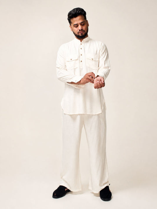 Off White Solid Farsi Kurta Pants Set for Men