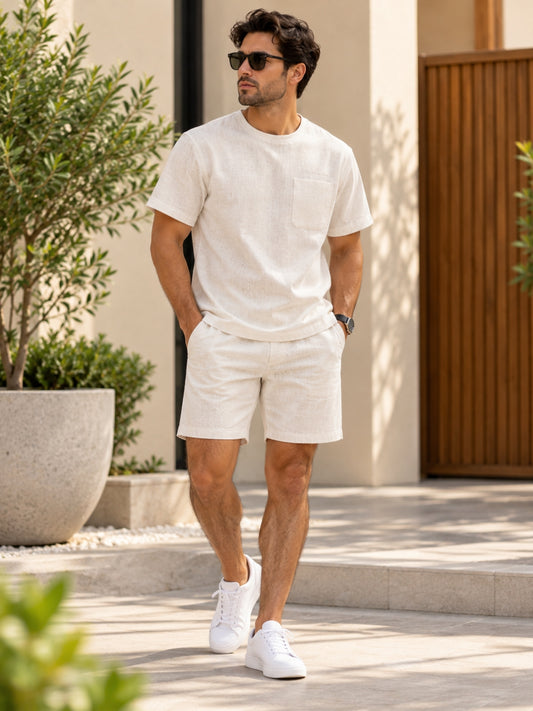 Off White Linen T-Shirt and Shorts Set for Men | Summer Beach Co-ord Outfit | Boxer Shorts