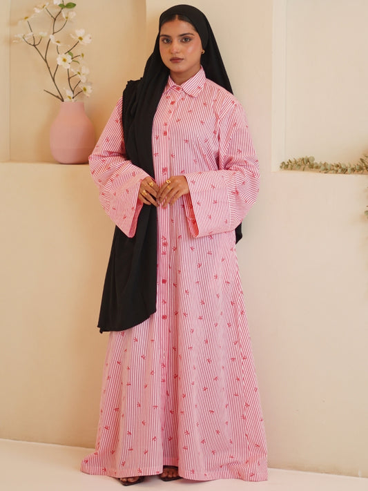 Modest Front Open Pink Striped Shirt Dress