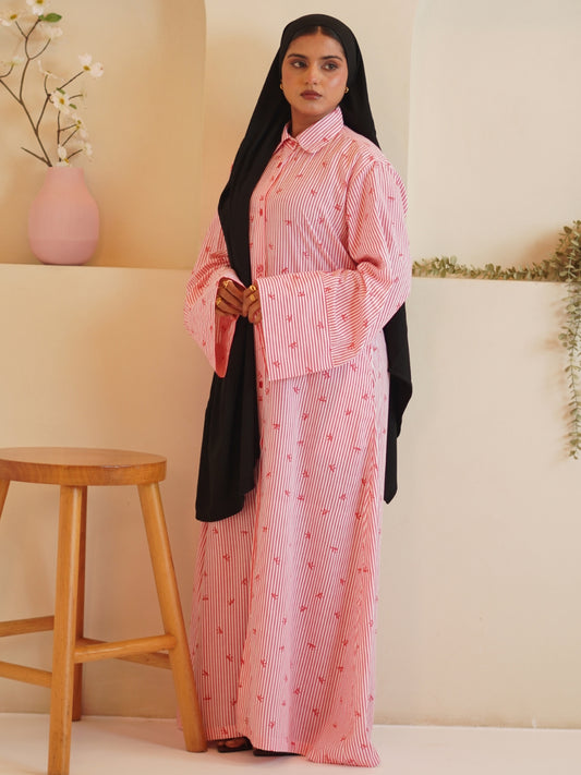 Modest Front Open Pink Striped Shirt Dress