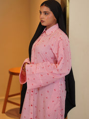 Modest Front Open Pink Striped Shirt Dress