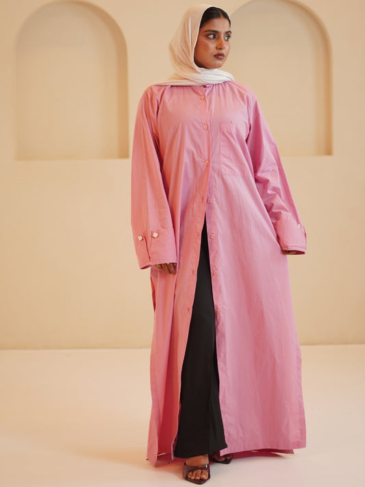 Modest Front Open Solid Pink Shirt Dress