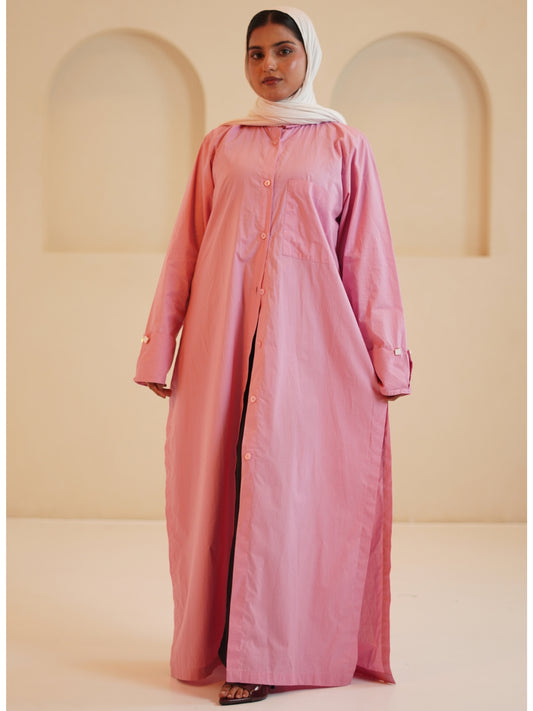 Modest Front Open Solid Pink Shirt Dress