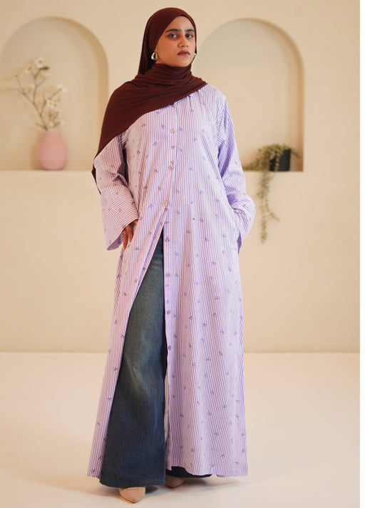 Modest Front Open Purple Striped Shirt Dress
