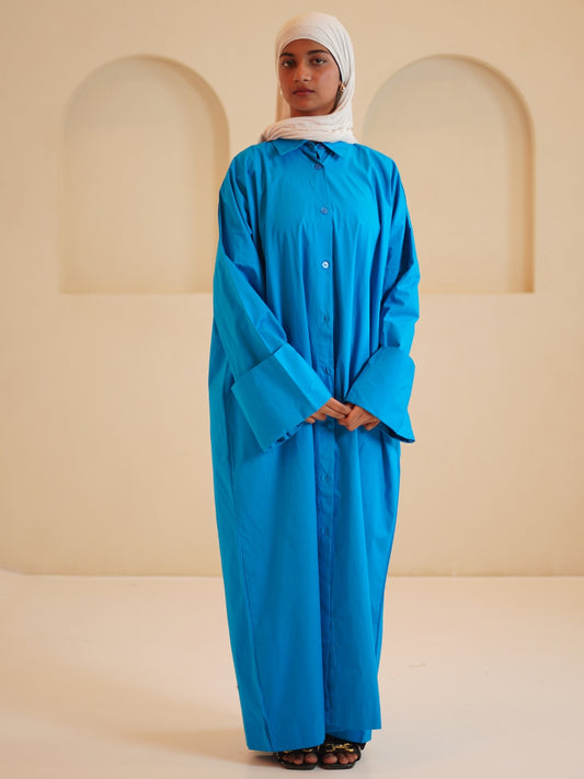 Modest Front Open Solid Rayol Blue Shirt Dress