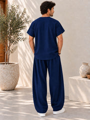 Men's Linen Solid Navy Blue Co-Ord Set