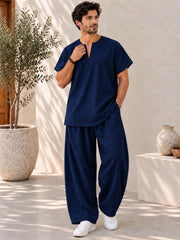 Men's Linen Solid Navy Blue Co-Ord Set