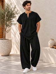 Men's Linen Solid Black Co-Ord Set