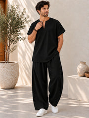 Men's Linen Solid Black Co-Ord Set