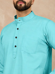 Sky Blue Cotton Kurta and White Pajama Set for Men