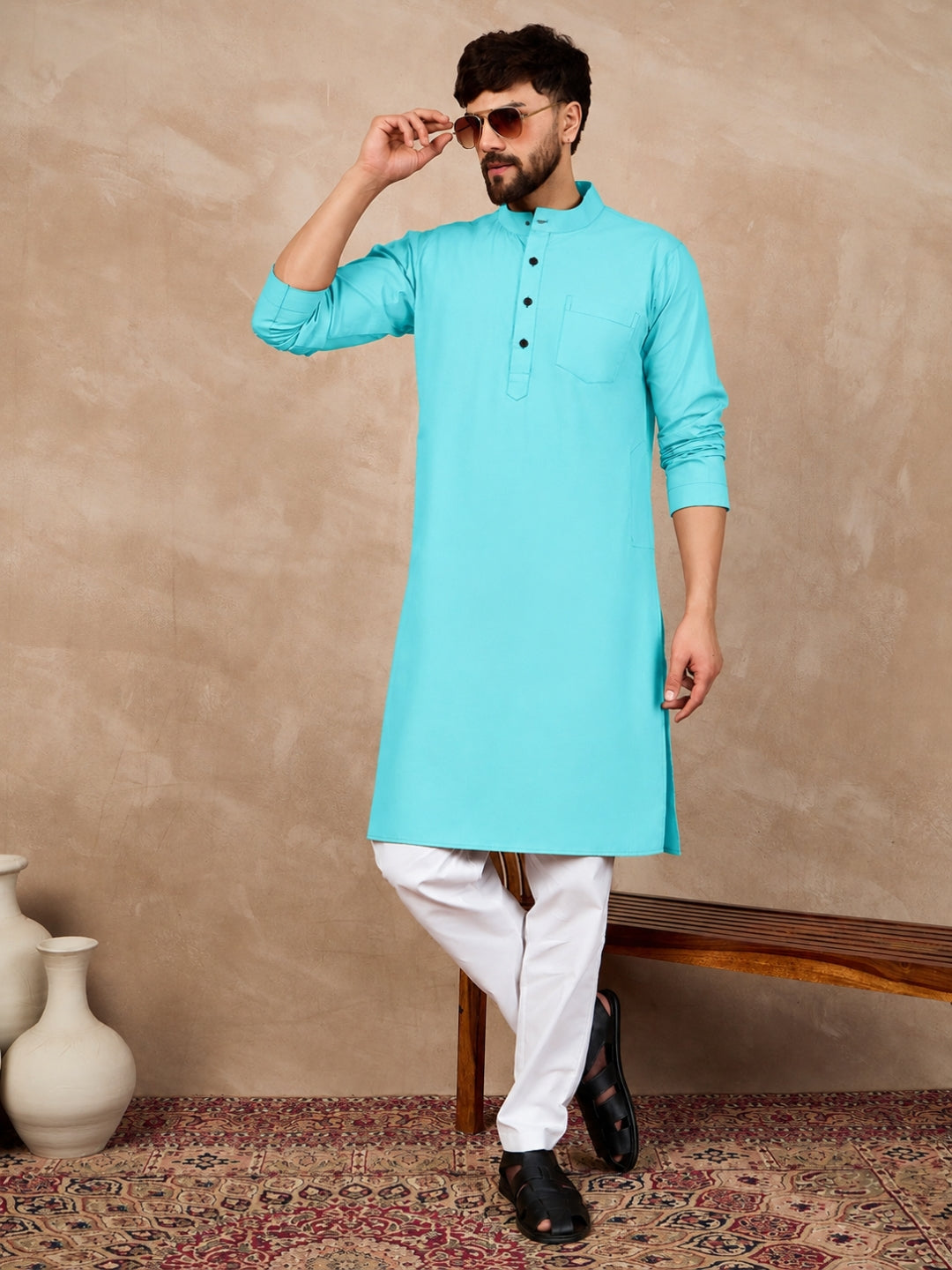 Sky Blue Cotton Kurta and White Pajama Set for Men