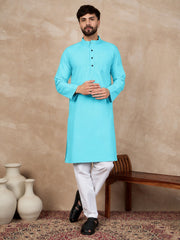 Sky Blue Cotton Kurta and White Pajama Set for Men
