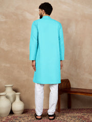 Sky Blue Cotton Kurta and White Pajama Set for Men