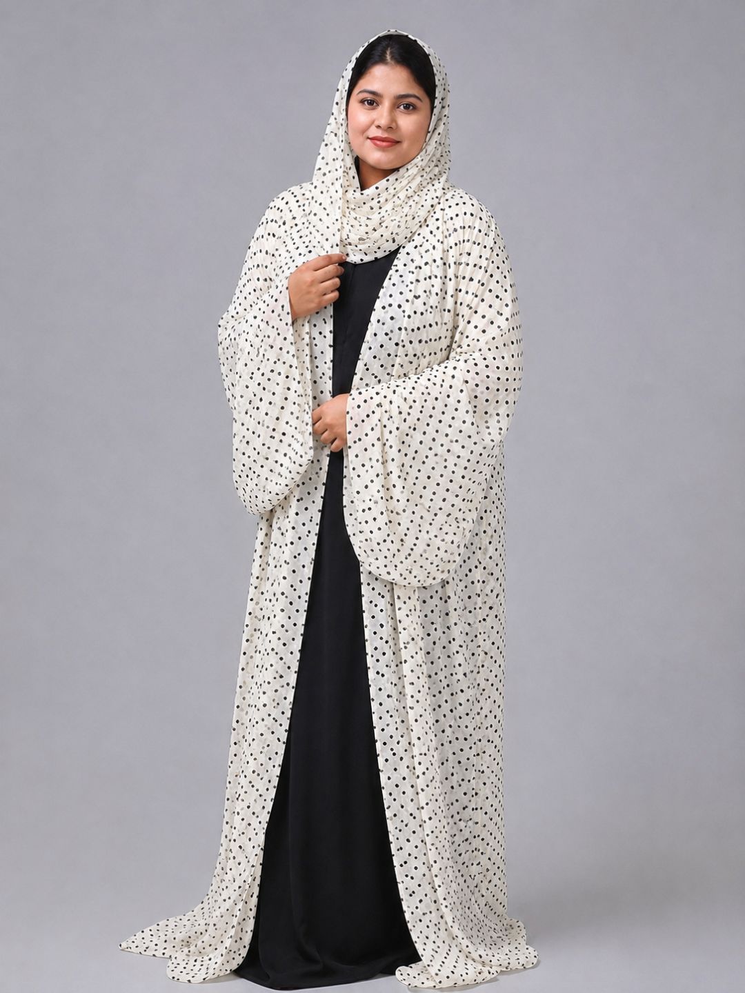 Polka Printed Modest Shrug Abaya with Black Inner & Matching Hijab