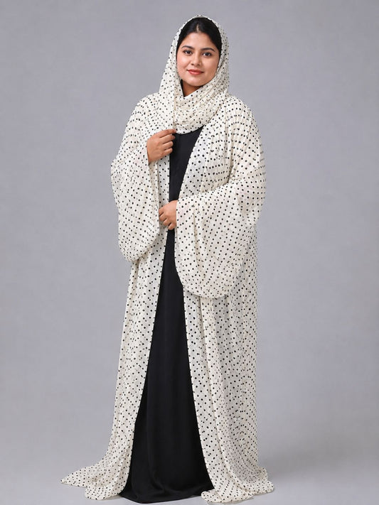 Polka Printed Modest Shrug Abaya with Black Inner & Matching Hijab