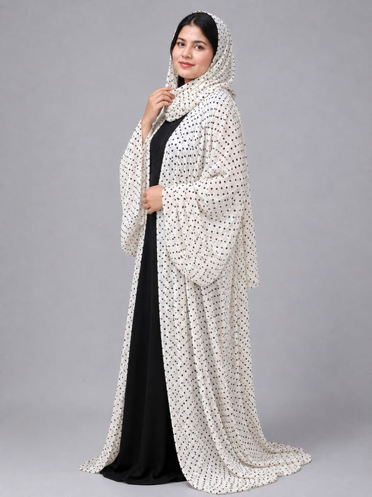 Polka Printed Modest Shrug Abaya with Black Inner & Matching Hijab