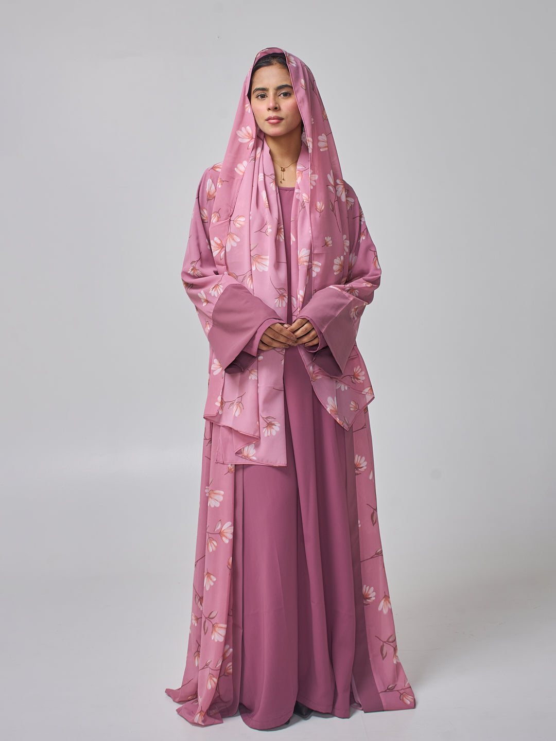 Modest Pink Printed Shrug Abaya with Matching Inner & Hijab