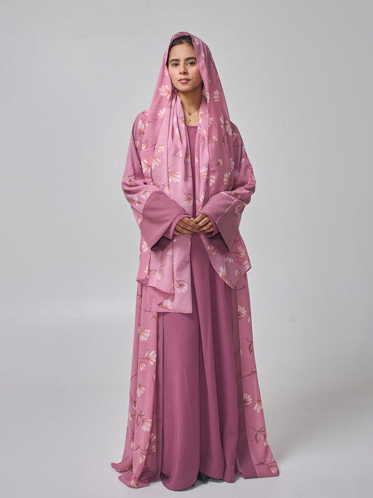 Modest Pink Printed Shrug Abaya with Matching Inner & Hijab