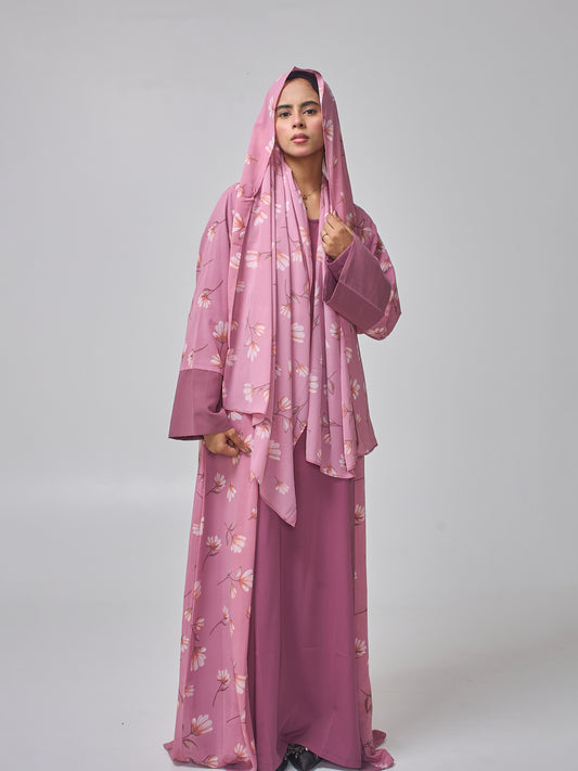 Modest Pink Printed Shrug Abaya with Matching Inner & Hijab