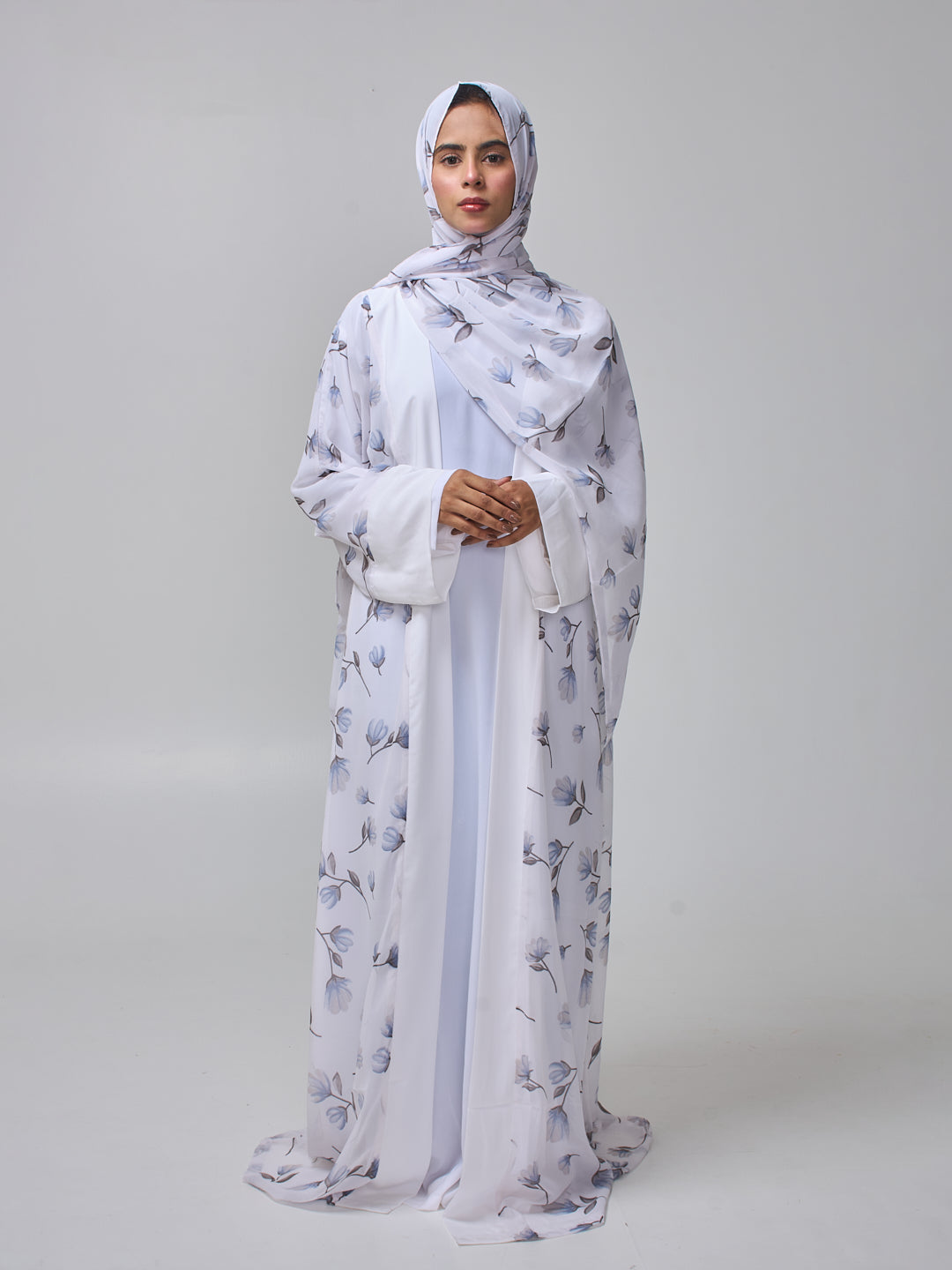 Modest Printed White Shrug Abaya with Inner & Matching Hijab