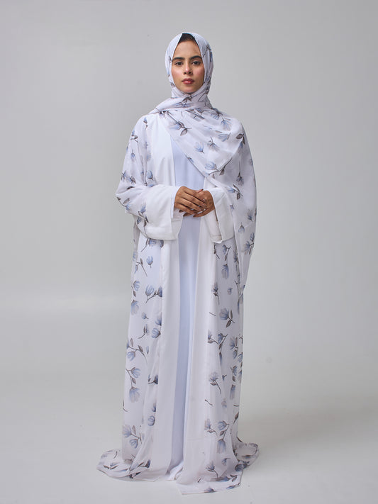 Modest Printed White Shrug Abaya with Inner & Matching Hijab