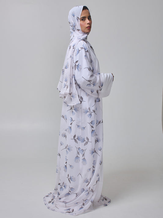 Modest Printed White Shrug Abaya with Inner & Matching Hijab
