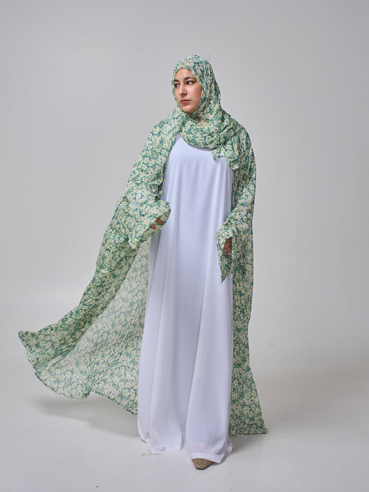 Green Printed Modest Shrug Abaya with White Inner & Matching Hijab