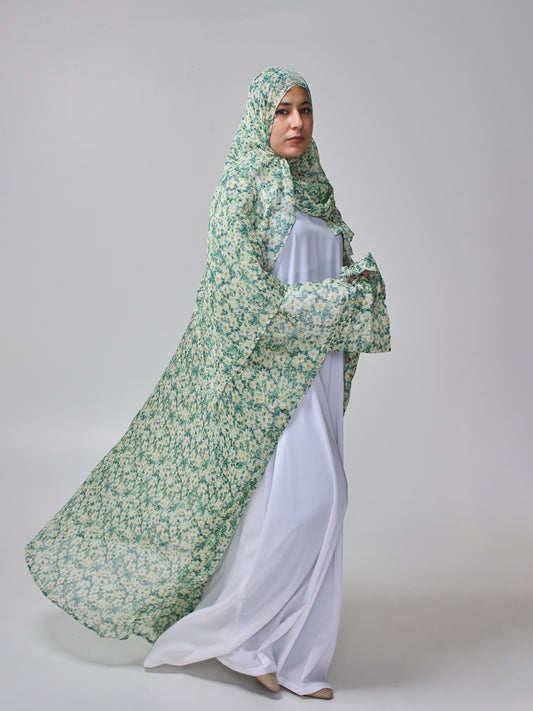 Green Printed Modest Shrug Abaya with White Inner & Matching Hijab