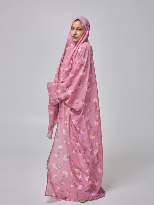 Modest Pink Printed Shrug Abaya with White Inner & Matching Hijab