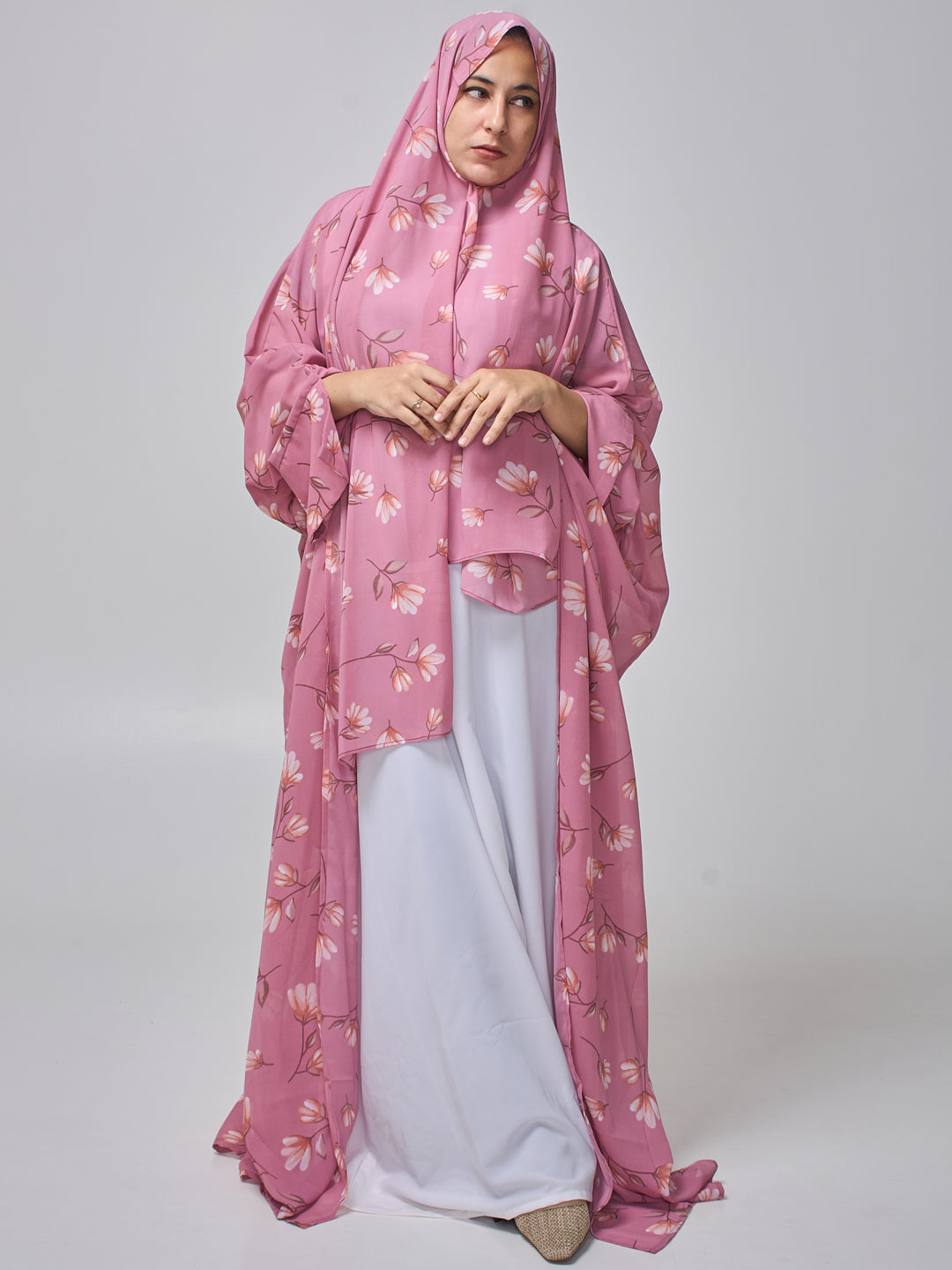 Modest Pink Printed Shrug Abaya with White Inner & Matching Hijab