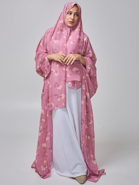 Modest Pink Printed Shrug Abaya with White Inner & Matching Hijab