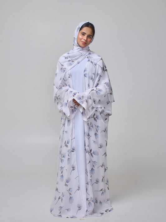 Women's White Printed Modest Shrug Abaya with Matching Inner & Hijab