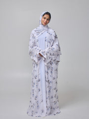 Women's White Printed Modest Shrug Abaya with Matching Inner & Hijab
